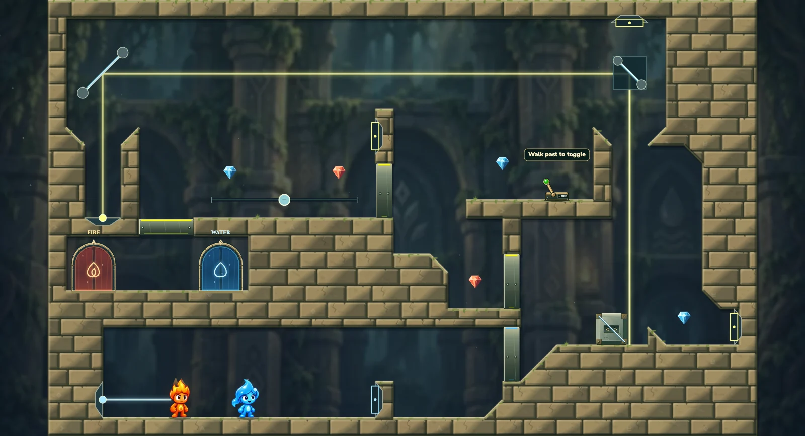 The First Light Relay, elements level 12: actual game view with Fireboy, Watergirl, diamonds, elemental pools, matching exits, and this level’s mechanisms.