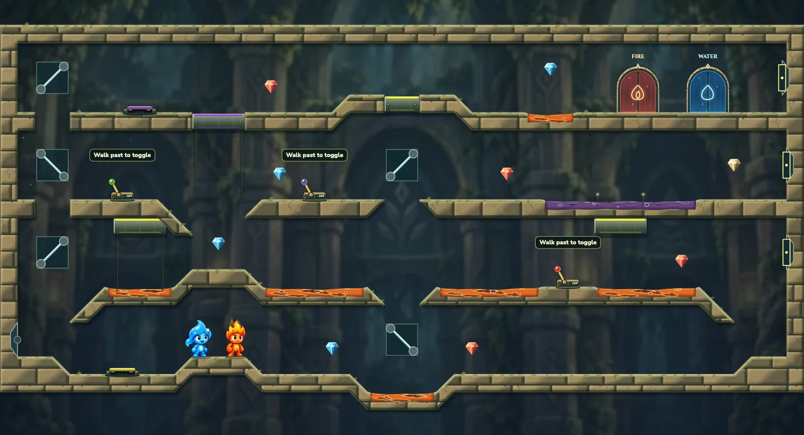 The Mirror Weight Circuit, elements level 13: actual game view with Fireboy, Watergirl, diamonds, elemental pools, matching exits, and this level’s mechanisms.
