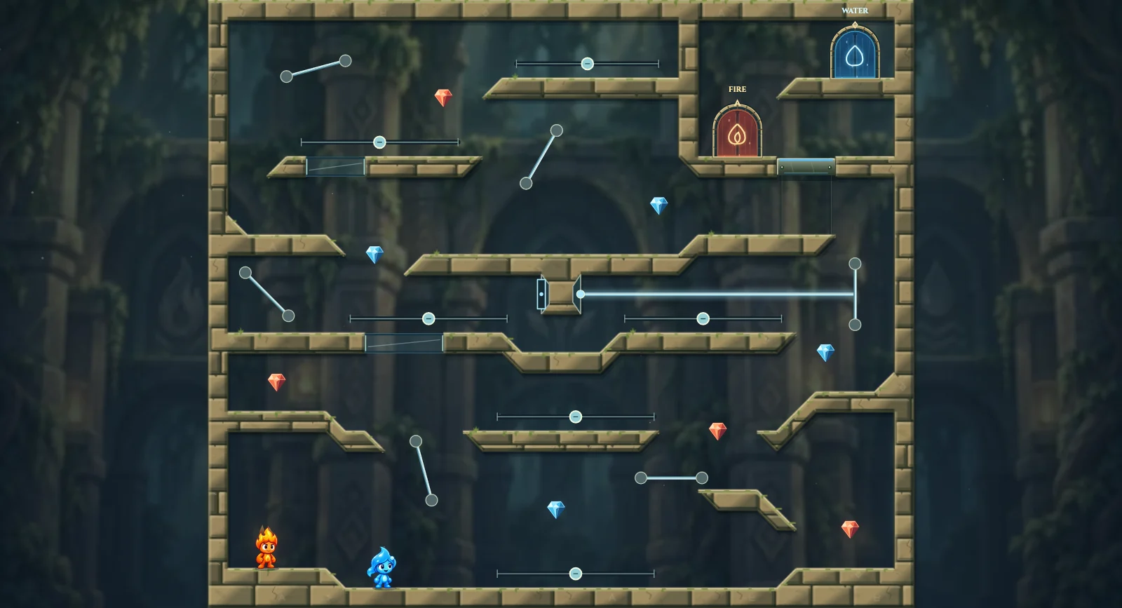 The Six Mirror Dials, elements level 14: actual game view with Fireboy, Watergirl, diamonds, elemental pools, matching exits, and this level’s mechanisms.