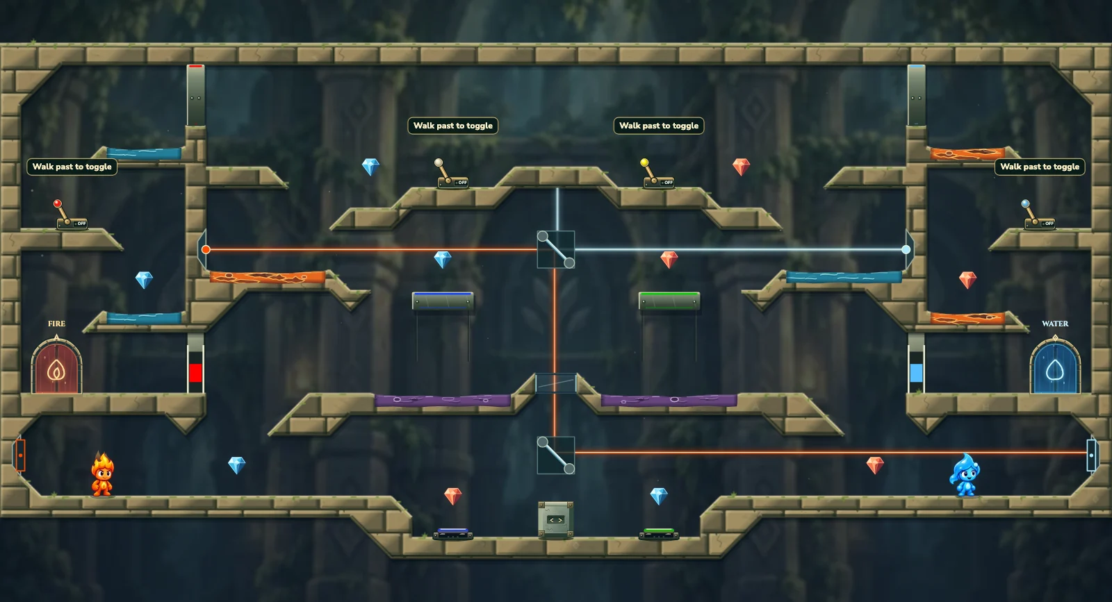 The Twin Turning Gates, elements level 15: actual game view with Fireboy, Watergirl, diamonds, elemental pools, matching exits, and this level’s mechanisms.