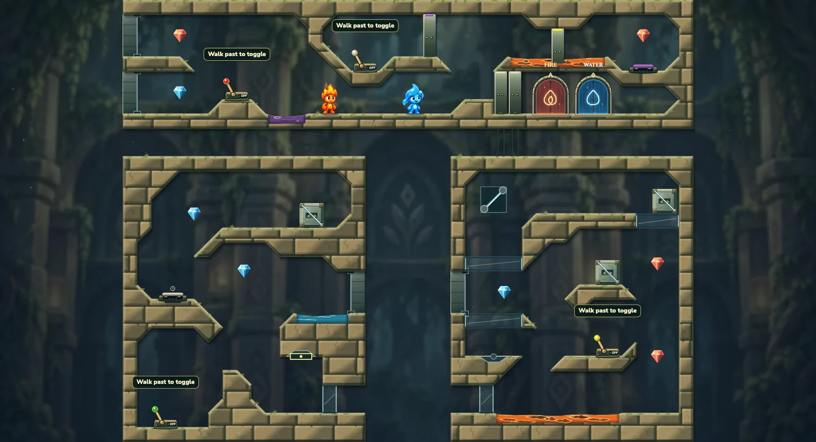 The Frozen Light Passages, elements level 16: actual game view with Fireboy, Watergirl, diamonds, elemental pools, matching exits, and this level’s mechanisms.