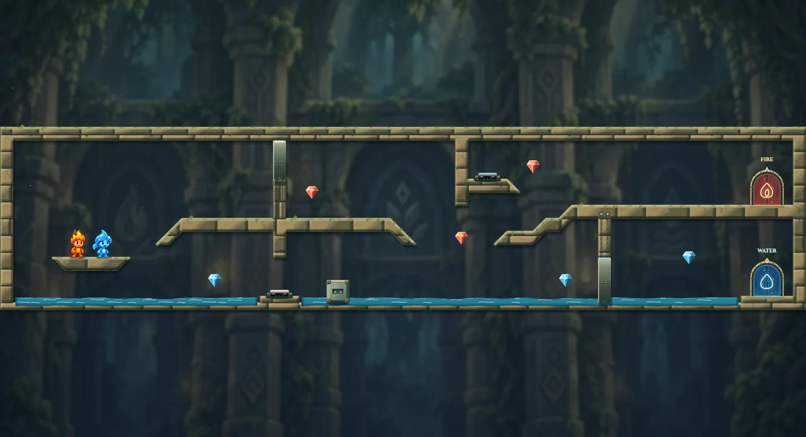 The Water Channel, elements level 17: actual game view with Fireboy, Watergirl, diamonds, elemental pools, matching exits, and this level’s mechanisms.