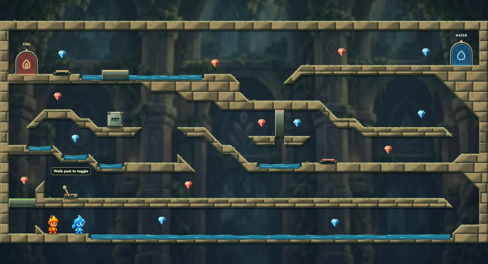 The Reservoir Relay, elements level 18: actual game view with Fireboy, Watergirl, diamonds, elemental pools, matching exits, and this level’s mechanisms.