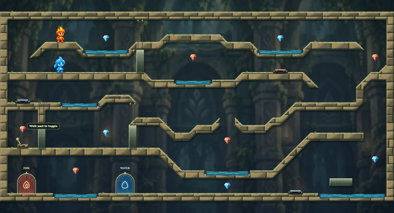 The Reservoir Gates, elements level 19: actual game view with Fireboy, Watergirl, diamonds, elemental pools, matching exits, and this level’s mechanisms.