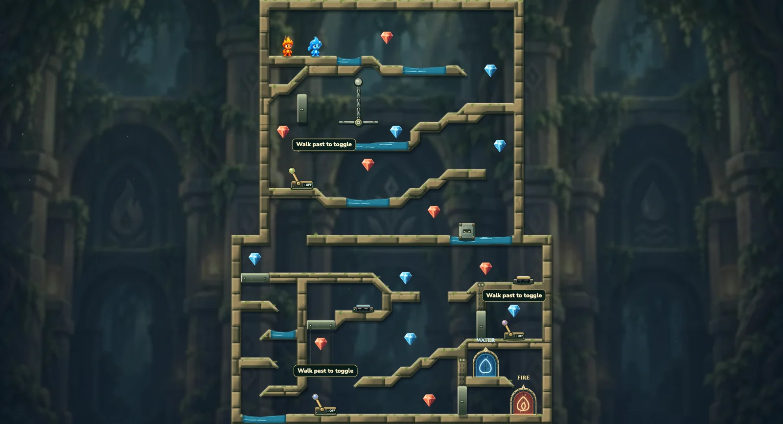 The Hanging Aqueduct, elements level 20: actual game view with Fireboy, Watergirl, diamonds, elemental pools, matching exits, and this level’s mechanisms.
