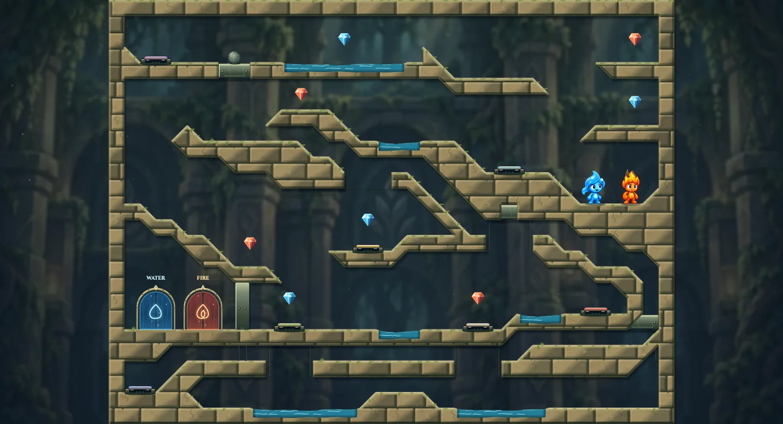 The Rolling Reservoir, elements level 21: actual game view with Fireboy, Watergirl, diamonds, elemental pools, matching exits, and this level’s mechanisms.