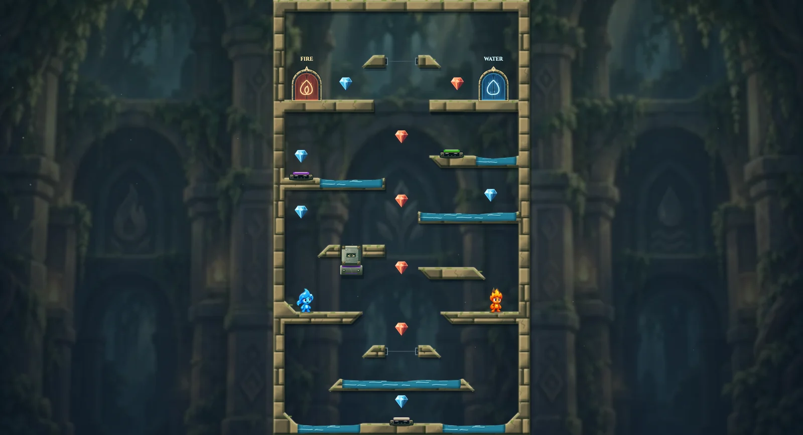 The Portal Reservoir, elements level 22: actual game view with Fireboy, Watergirl, diamonds, elemental pools, matching exits, and this level’s mechanisms.