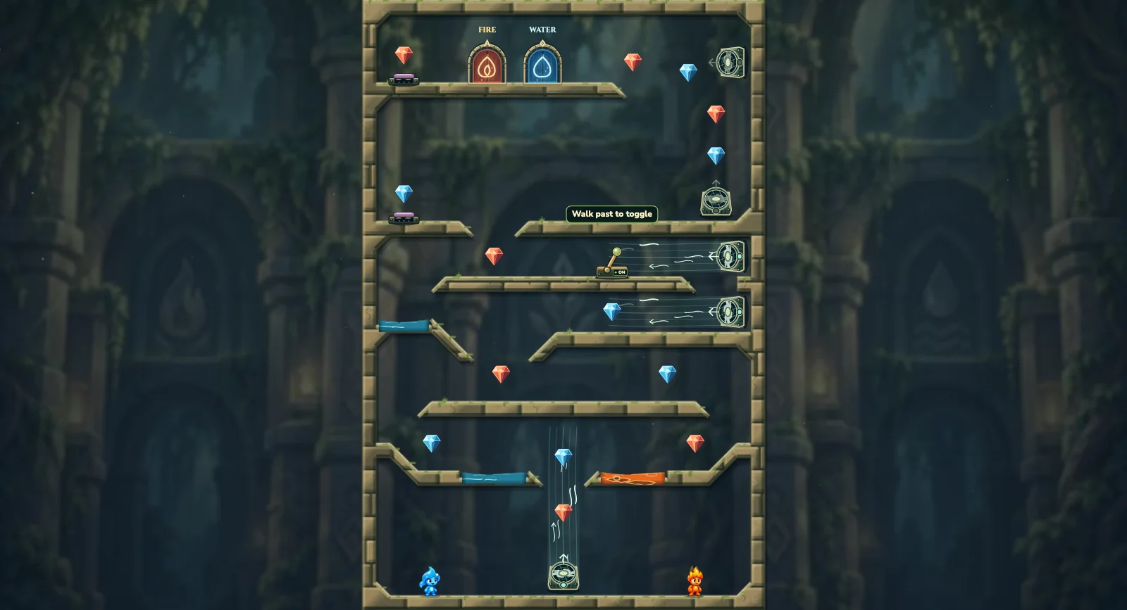 The First Updraft, elements level 23: actual game view with Fireboy, Watergirl, diamonds, elemental pools, matching exits, and this level’s mechanisms.