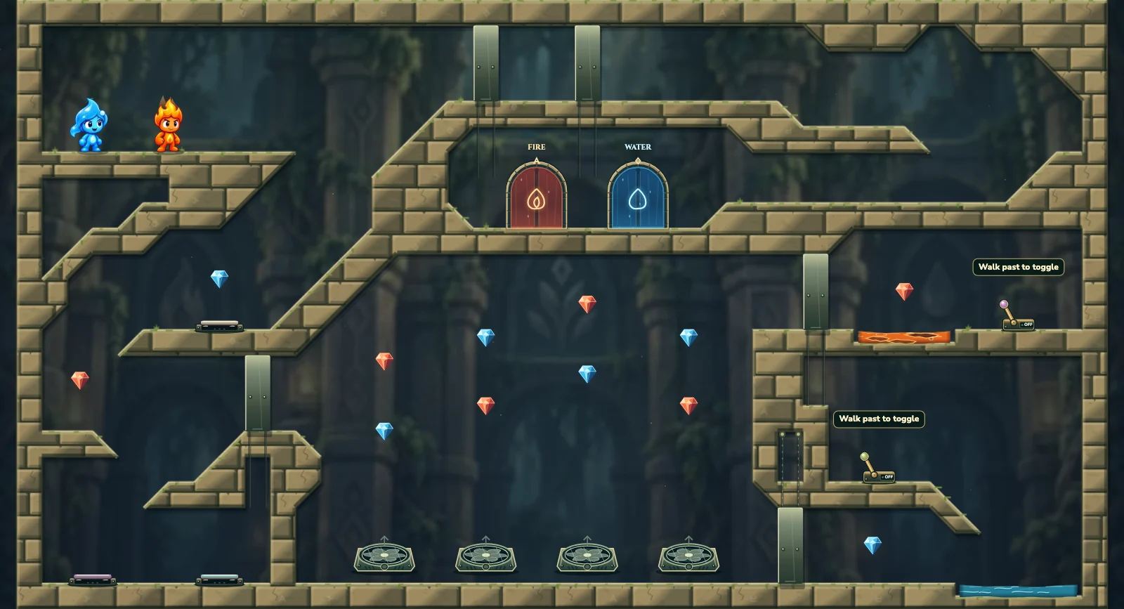 The Four Air Columns, elements level 24: actual game view with Fireboy, Watergirl, diamonds, elemental pools, matching exits, and this level’s mechanisms.