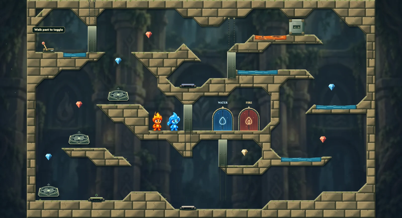 The Timed Wind Relay, elements level 25: actual game view with Fireboy, Watergirl, diamonds, elemental pools, matching exits, and this level’s mechanisms.