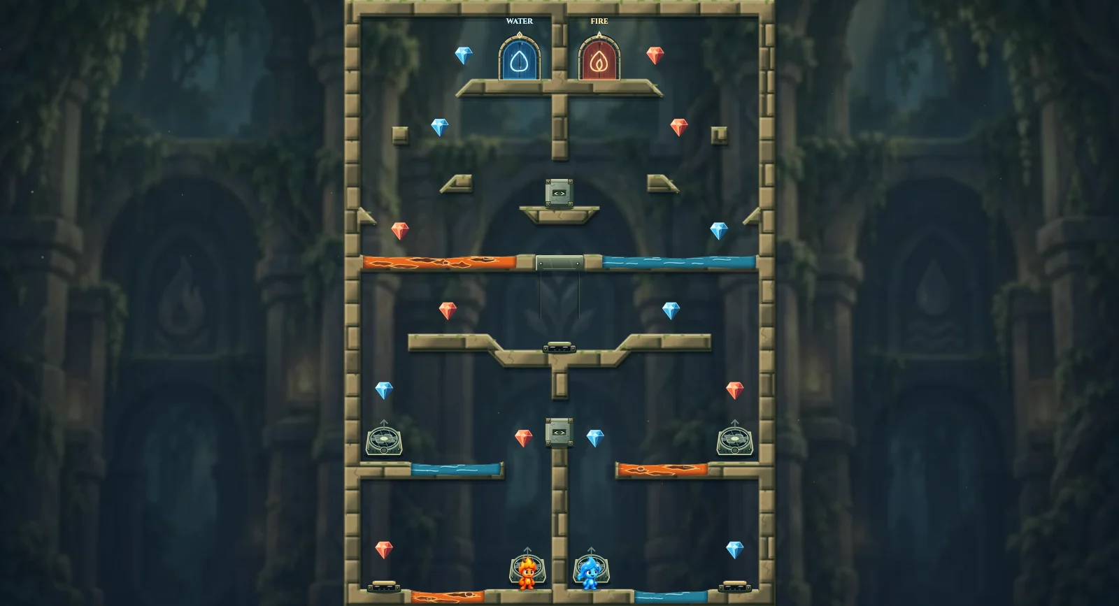 The Paired Updrafts, elements level 26: actual game view with Fireboy, Watergirl, diamonds, elemental pools, matching exits, and this level’s mechanisms.