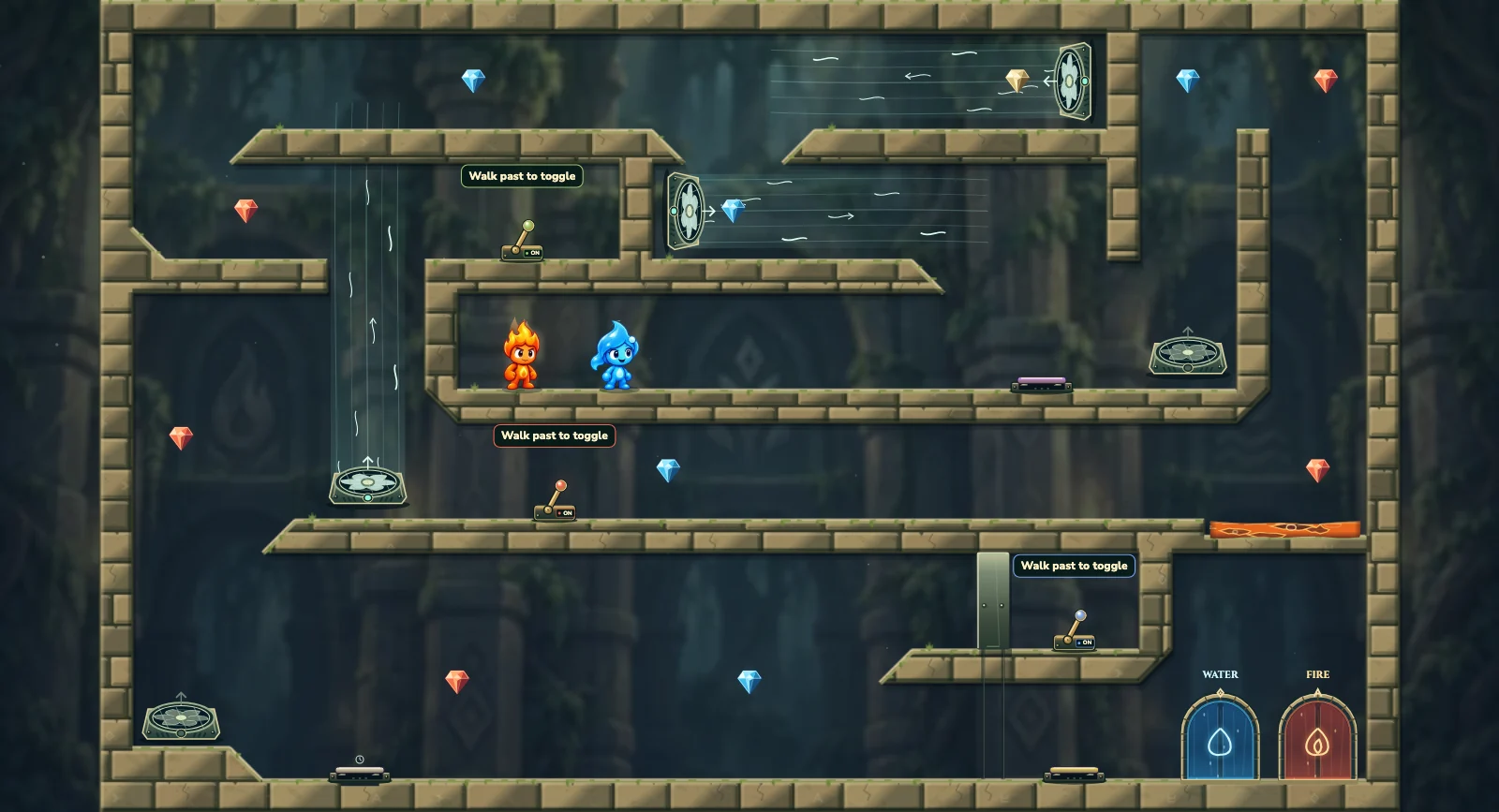The Crosswind Circuit, elements level 27: actual game view with Fireboy, Watergirl, diamonds, elemental pools, matching exits, and this level’s mechanisms.