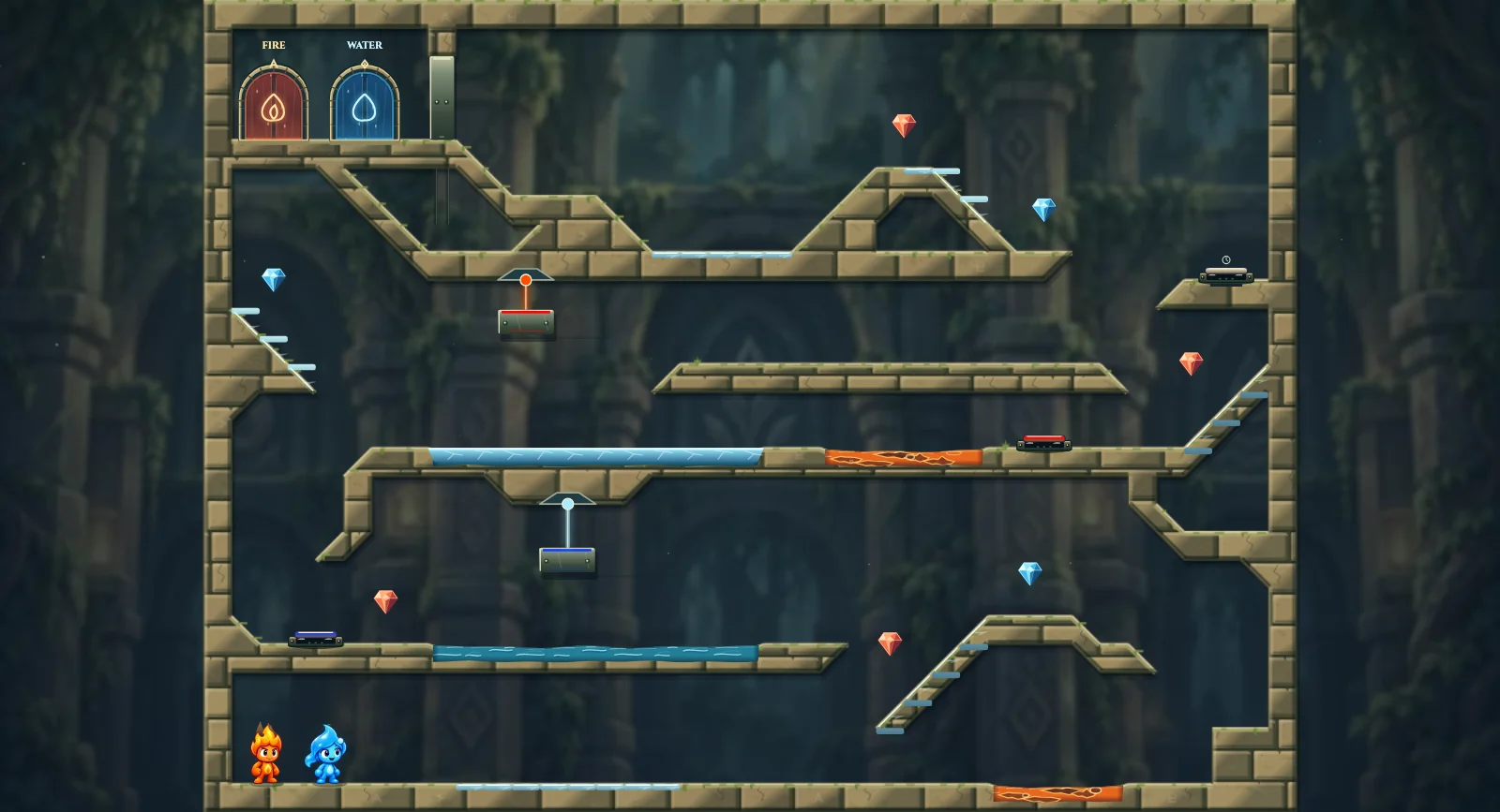 The Freeze and Thaw Passage, elements level 28: actual game view with Fireboy, Watergirl, diamonds, elemental pools, matching exits, and this level’s mechanisms.