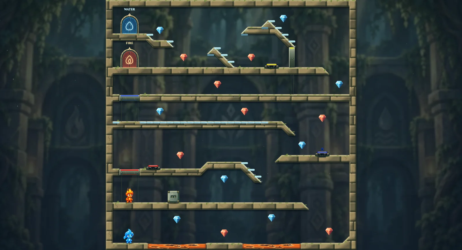 The Frozen Stairwell, elements level 29: actual game view with Fireboy, Watergirl, diamonds, elemental pools, matching exits, and this level’s mechanisms.