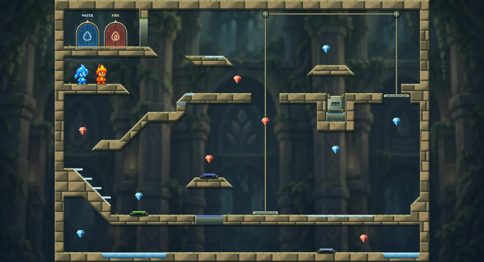 The Ice Counterweights, elements level 30: actual game view with Fireboy, Watergirl, diamonds, elemental pools, matching exits, and this level’s mechanisms.