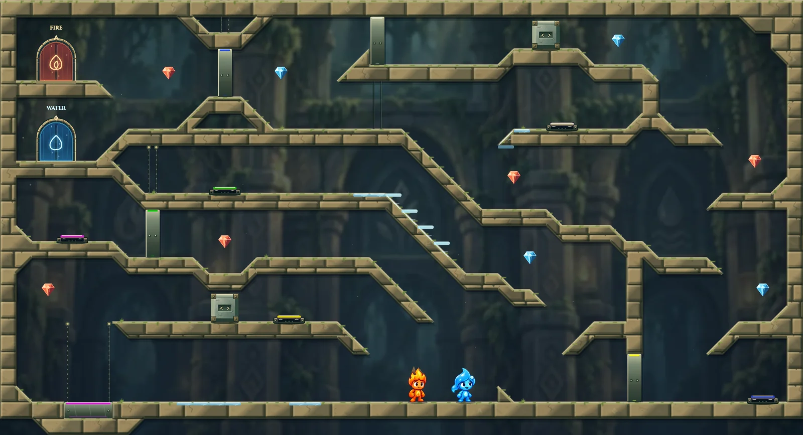 The Slippery Gate Relay, elements level 31: actual game view with Fireboy, Watergirl, diamonds, elemental pools, matching exits, and this level’s mechanisms.
