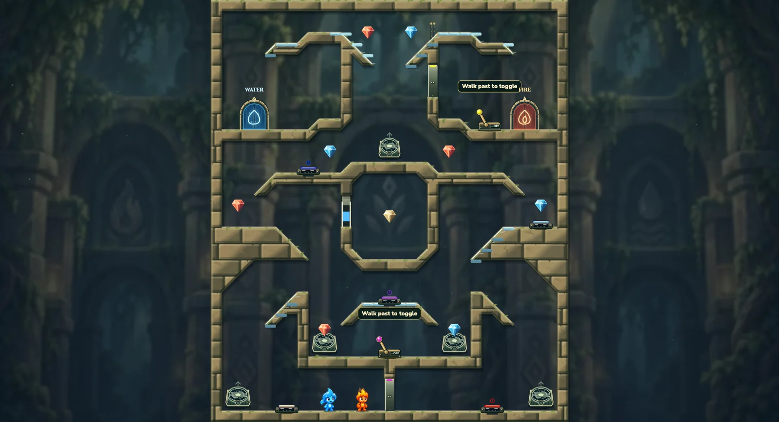 The Turning Ice Column, elements level 32: actual game view with Fireboy, Watergirl, diamonds, elemental pools, matching exits, and this level’s mechanisms.