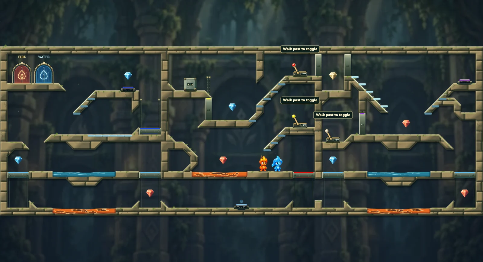 The Long Frozen Labyrinth, elements level 33: actual game view with Fireboy, Watergirl, diamonds, elemental pools, matching exits, and this level’s mechanisms.