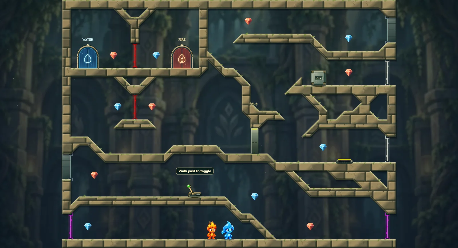 The First Crystal Passage, elements level 34: actual game view with Fireboy, Watergirl, diamonds, elemental pools, matching exits, and this level’s mechanisms.