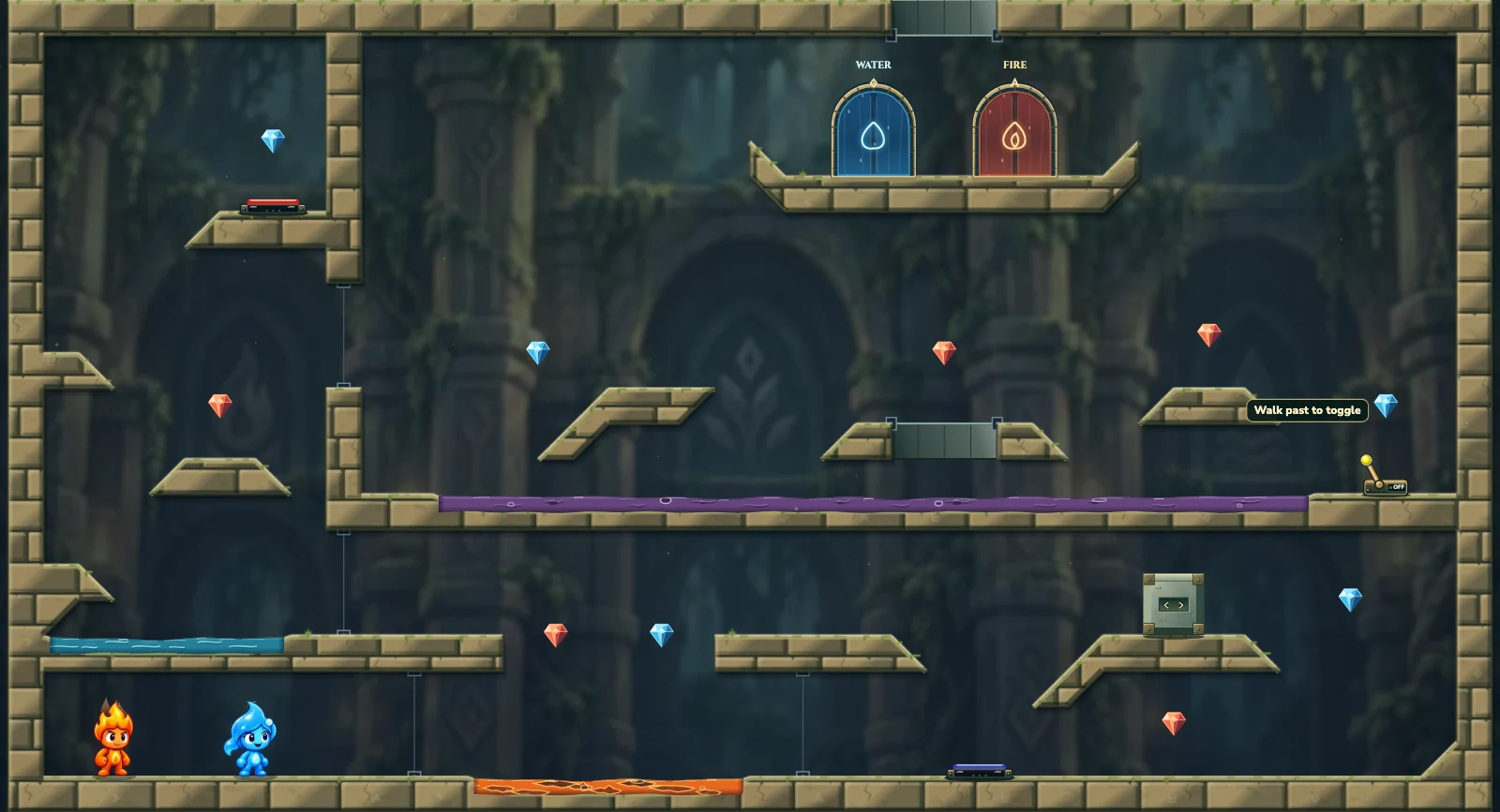 The Split Portal Basin, elements level 35: actual game view with Fireboy, Watergirl, diamonds, elemental pools, matching exits, and this level’s mechanisms.