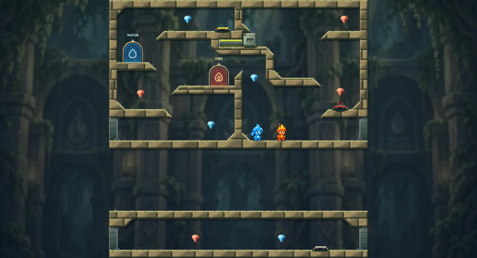 The Crystal Ledge Relay, elements level 36: actual game view with Fireboy, Watergirl, diamonds, elemental pools, matching exits, and this level’s mechanisms.