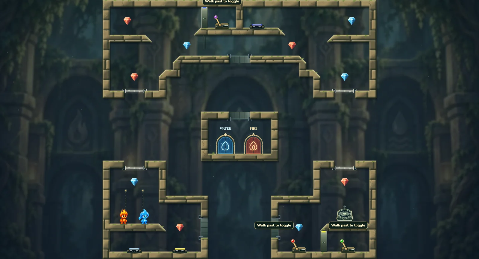 The Stacked Portal Circuit, elements level 37: actual game view with Fireboy, Watergirl, diamonds, elemental pools, matching exits, and this level’s mechanisms.