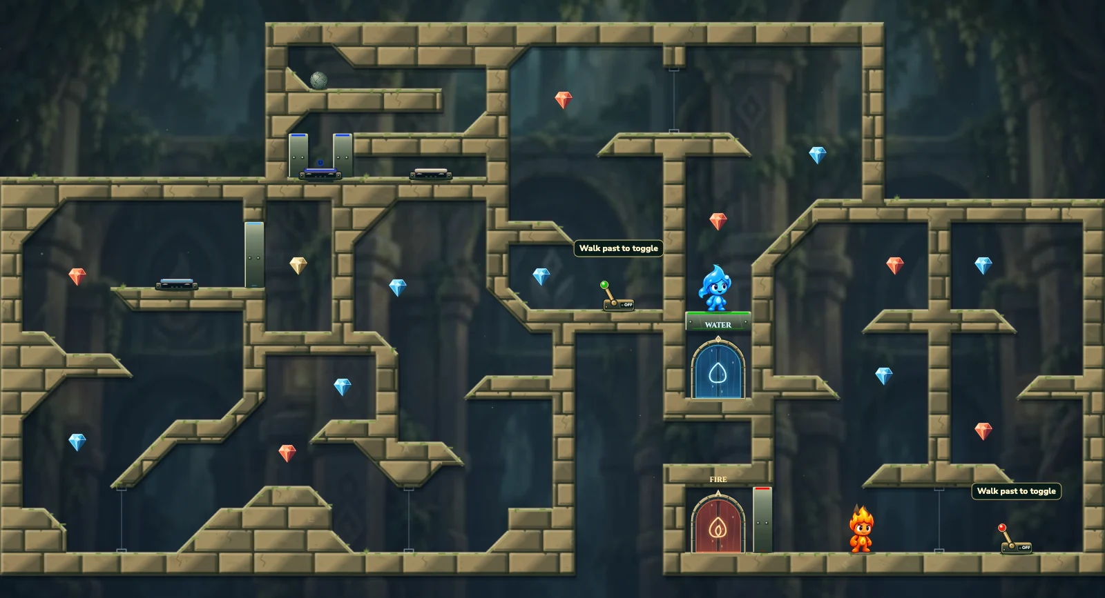 The Frozen Portal Crossover, elements level 38: actual game view with Fireboy, Watergirl, diamonds, elemental pools, matching exits, and this level’s mechanisms.