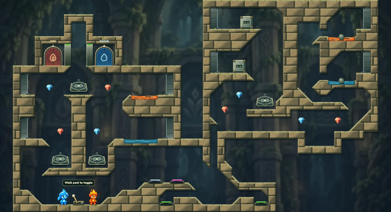 The Wind and Crystal Gallery, elements level 39: actual game view with Fireboy, Watergirl, diamonds, elemental pools, matching exits, and this level’s mechanisms.