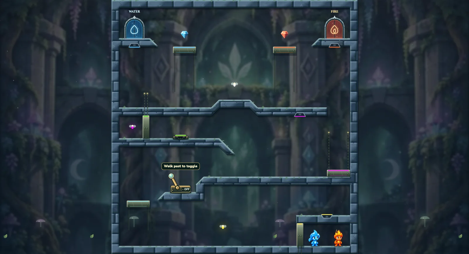 Meet the Fairies, fairy level 1: actual game view with Fireboy, Watergirl, diamonds, elemental pools, matching exits, and this level’s mechanisms.