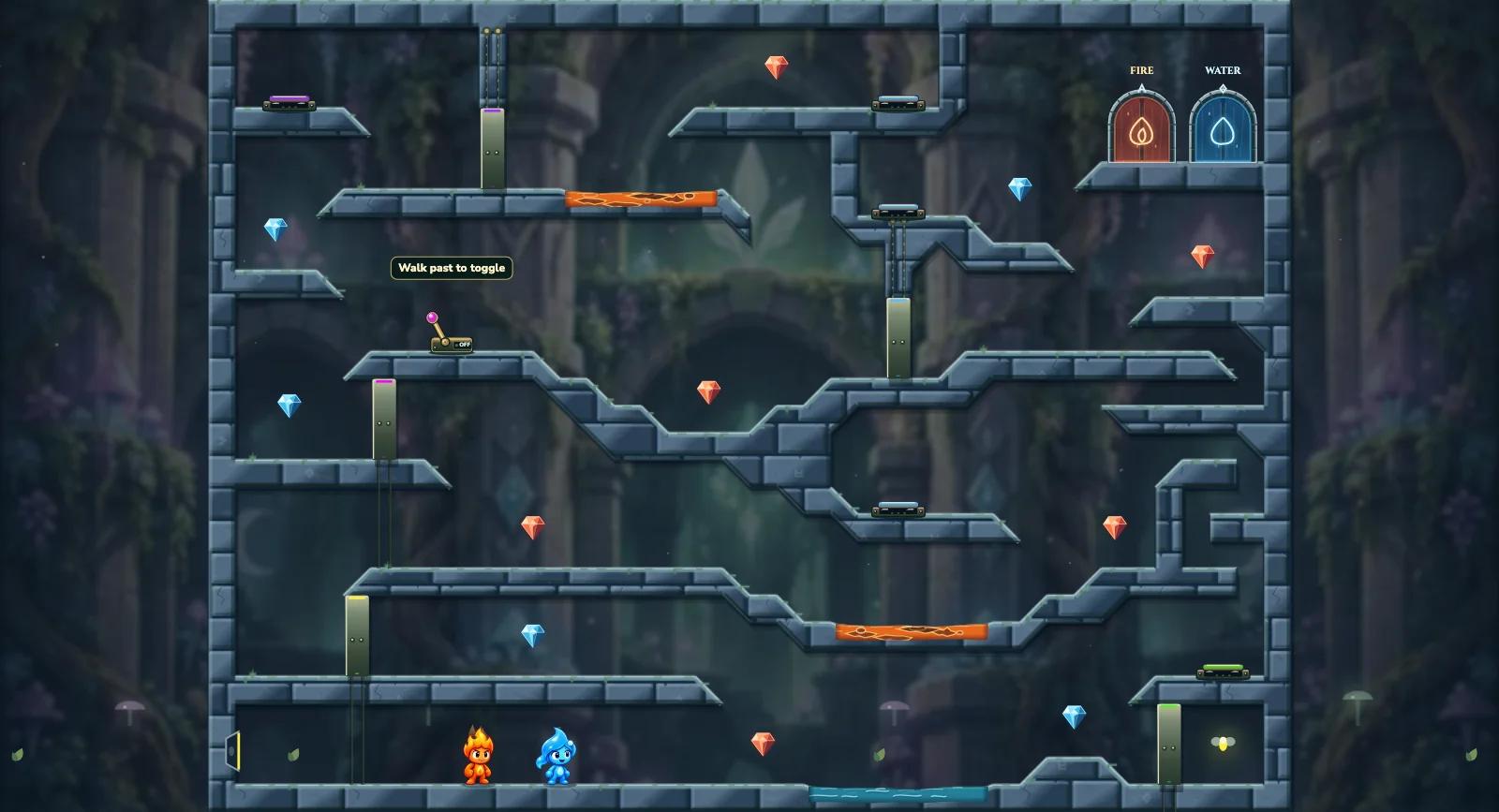 The First Fairy Circuit, fairy level 2: actual game view with Fireboy, Watergirl, diamonds, elemental pools, matching exits, and this level’s mechanisms.