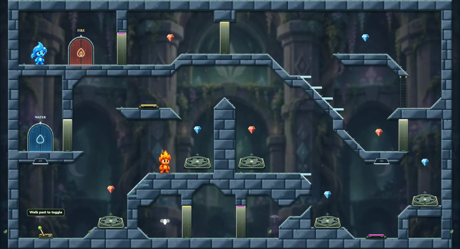 The Frozen Fairy Wind, fairy level 3: actual game view with Fireboy, Watergirl, diamonds, elemental pools, matching exits, and this level’s mechanisms.