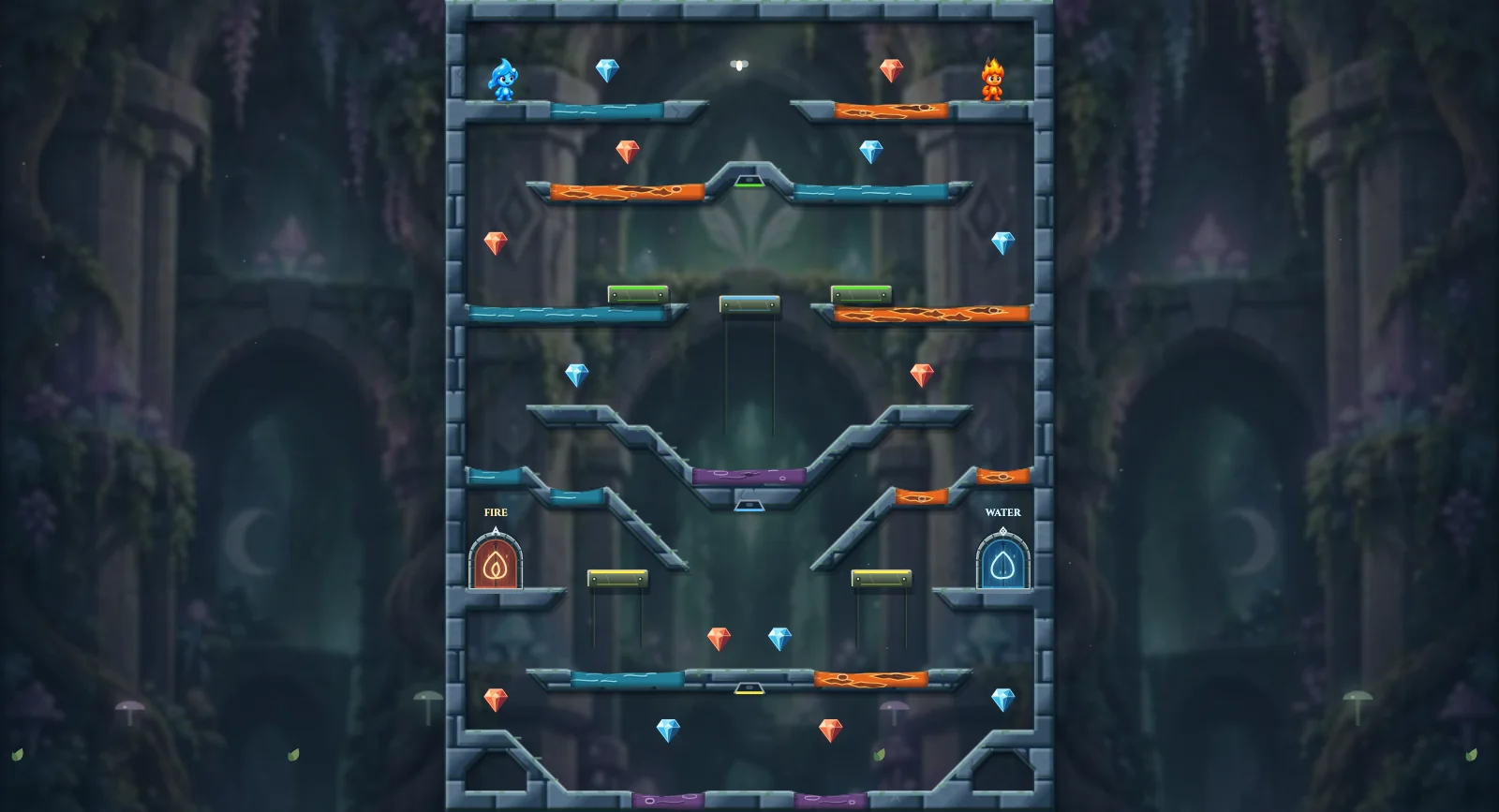 The Three Colour Wells, fairy level 4: actual game view with Fireboy, Watergirl, diamonds, elemental pools, matching exits, and this level’s mechanisms.
