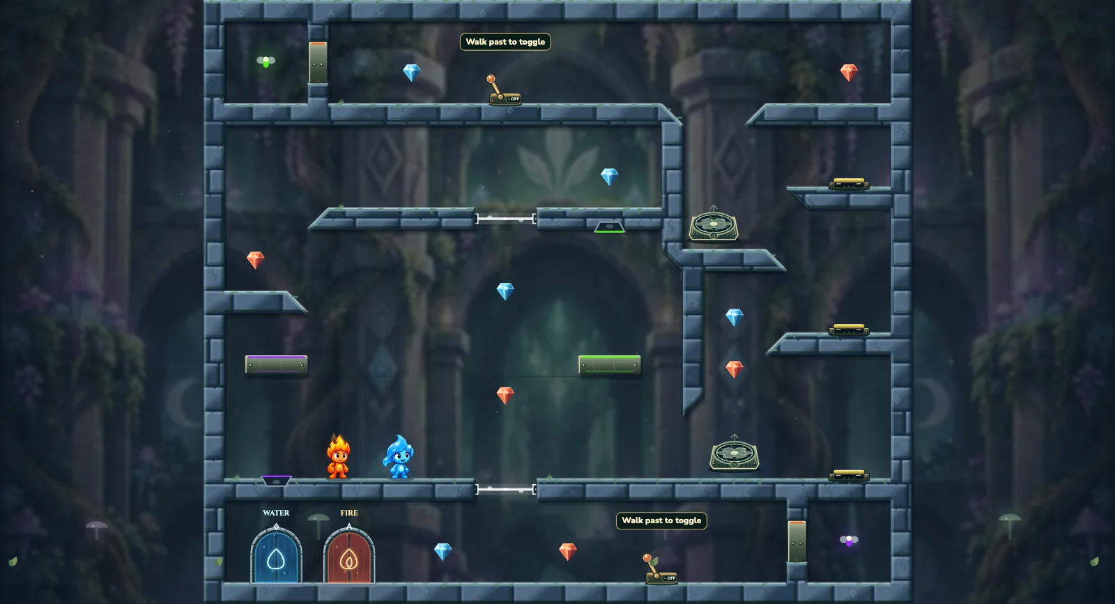 The Portal and Lamp Relay, fairy level 5: actual game view with Fireboy, Watergirl, diamonds, elemental pools, matching exits, and this level’s mechanisms.