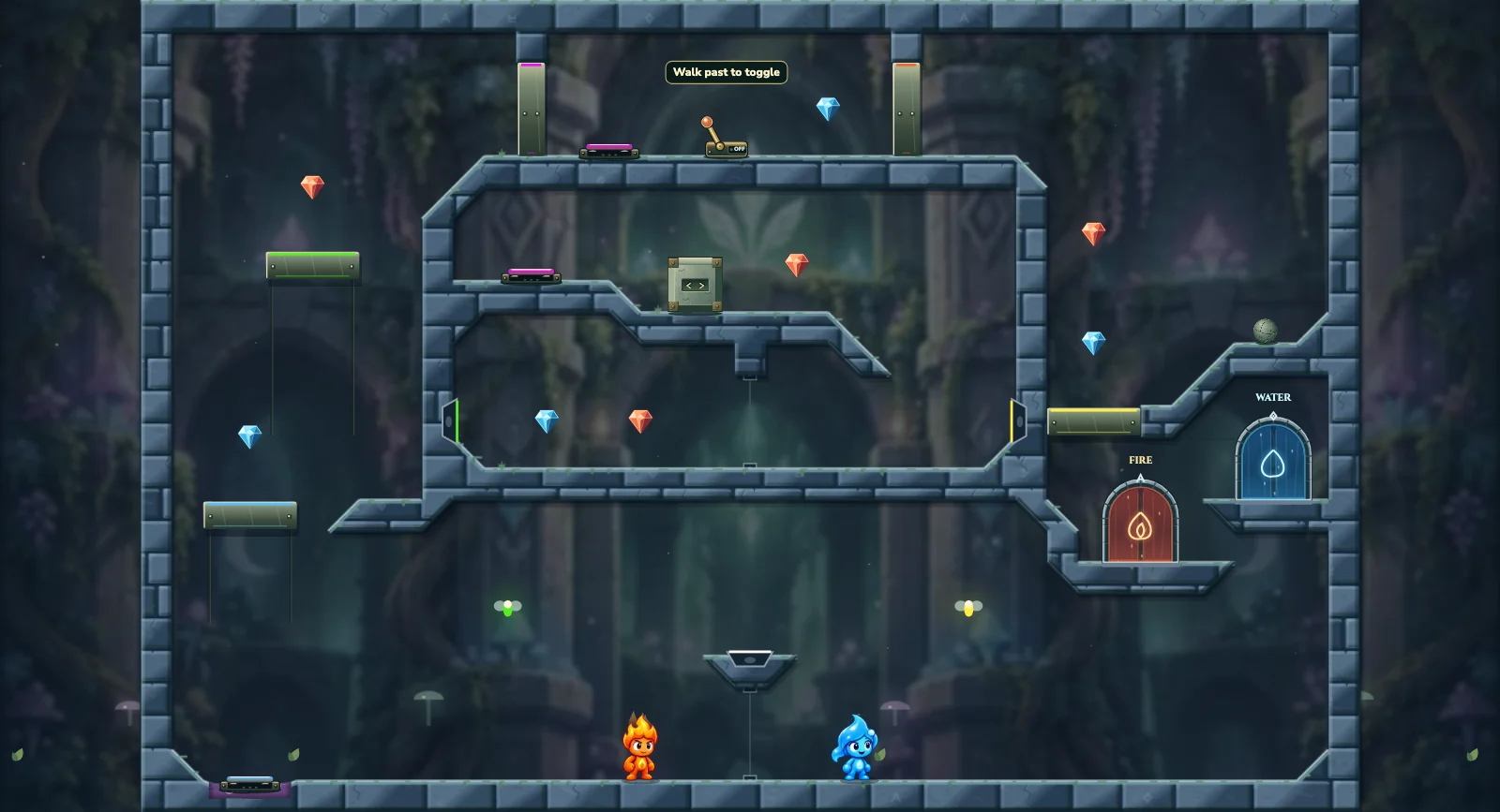The Rolling Fairy Portal, fairy level 6: actual game view with Fireboy, Watergirl, diamonds, elemental pools, matching exits, and this level’s mechanisms.