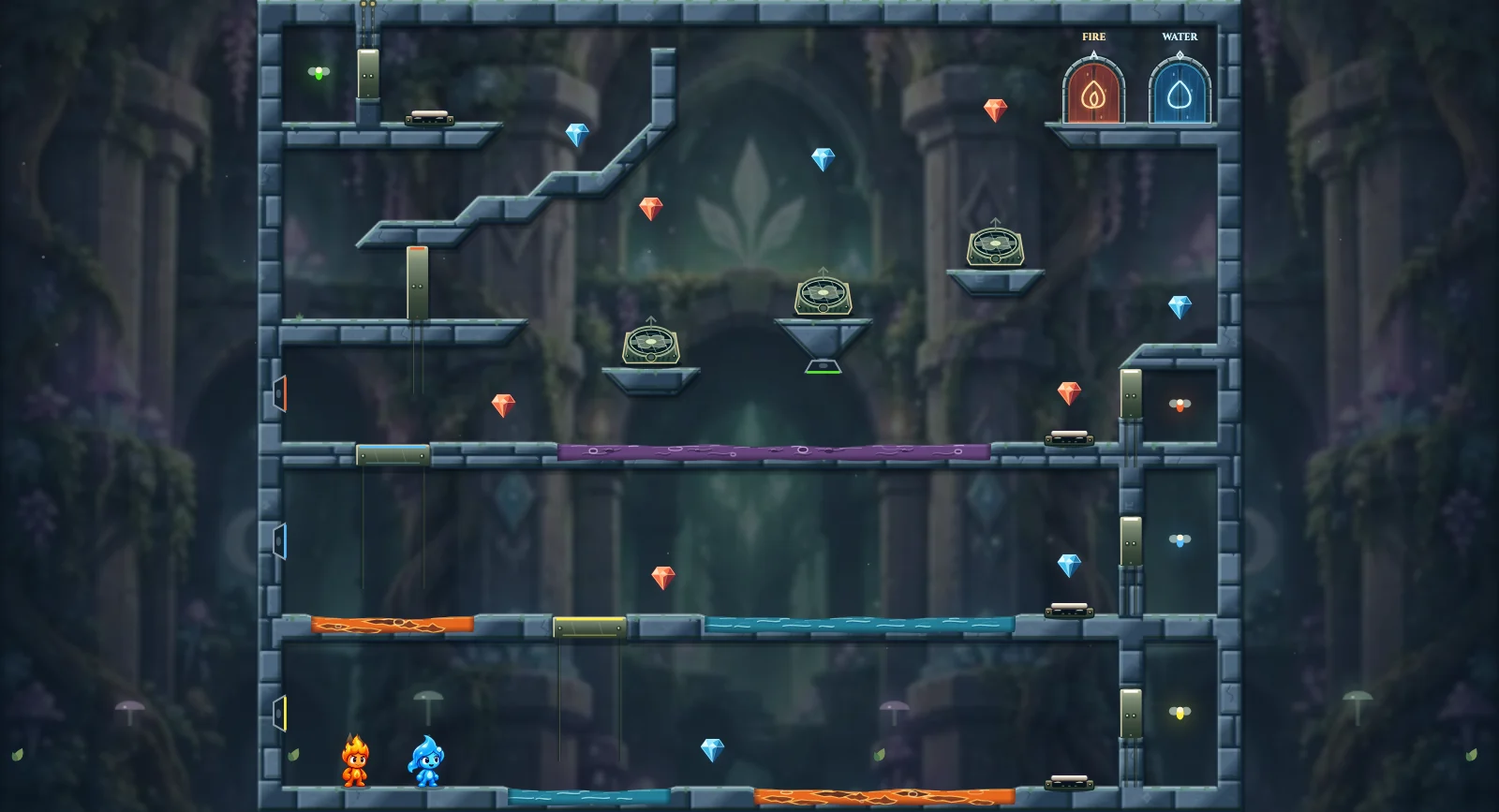 The Fairy Switchback, fairy level 7: actual game view with Fireboy, Watergirl, diamonds, elemental pools, matching exits, and this level’s mechanisms.
