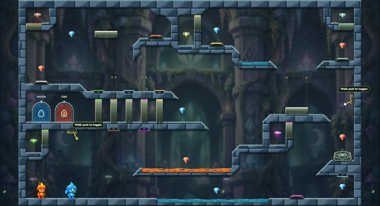The Five Colour Gallery, fairy level 8: actual game view with Fireboy, Watergirl, diamonds, elemental pools, matching exits, and this level’s mechanisms.