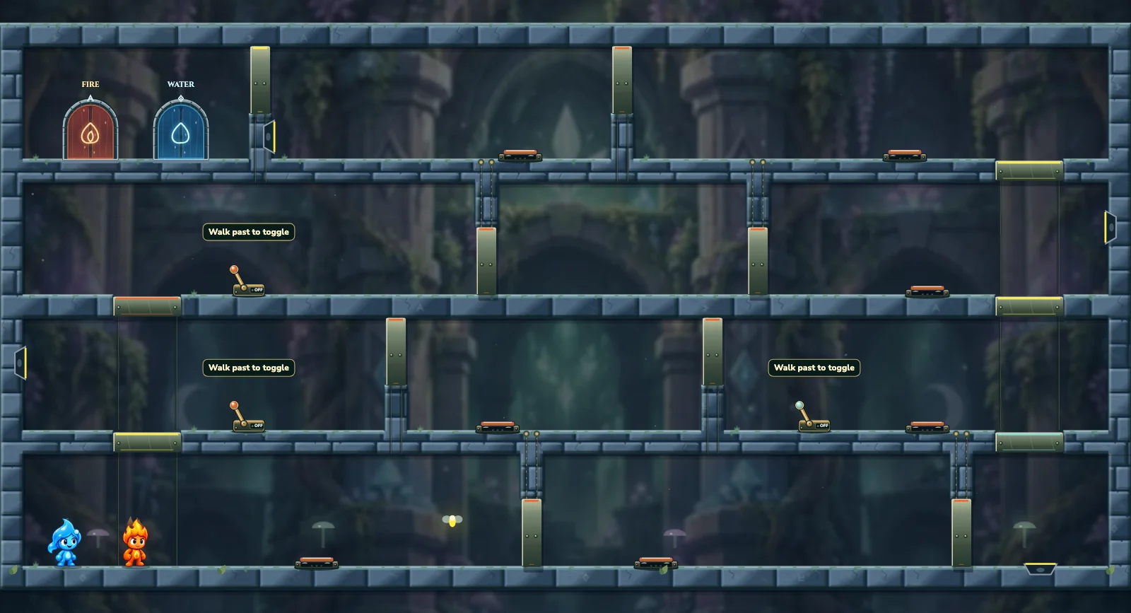 The Maze of Lamps, fairy level 9: actual game view with Fireboy, Watergirl, diamonds, elemental pools, matching exits, and this level’s mechanisms.