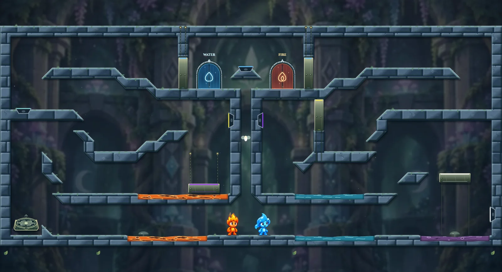 The Split Fairy Path, fairy level 10: actual game view with Fireboy, Watergirl, diamonds, elemental pools, matching exits, and this level’s mechanisms.