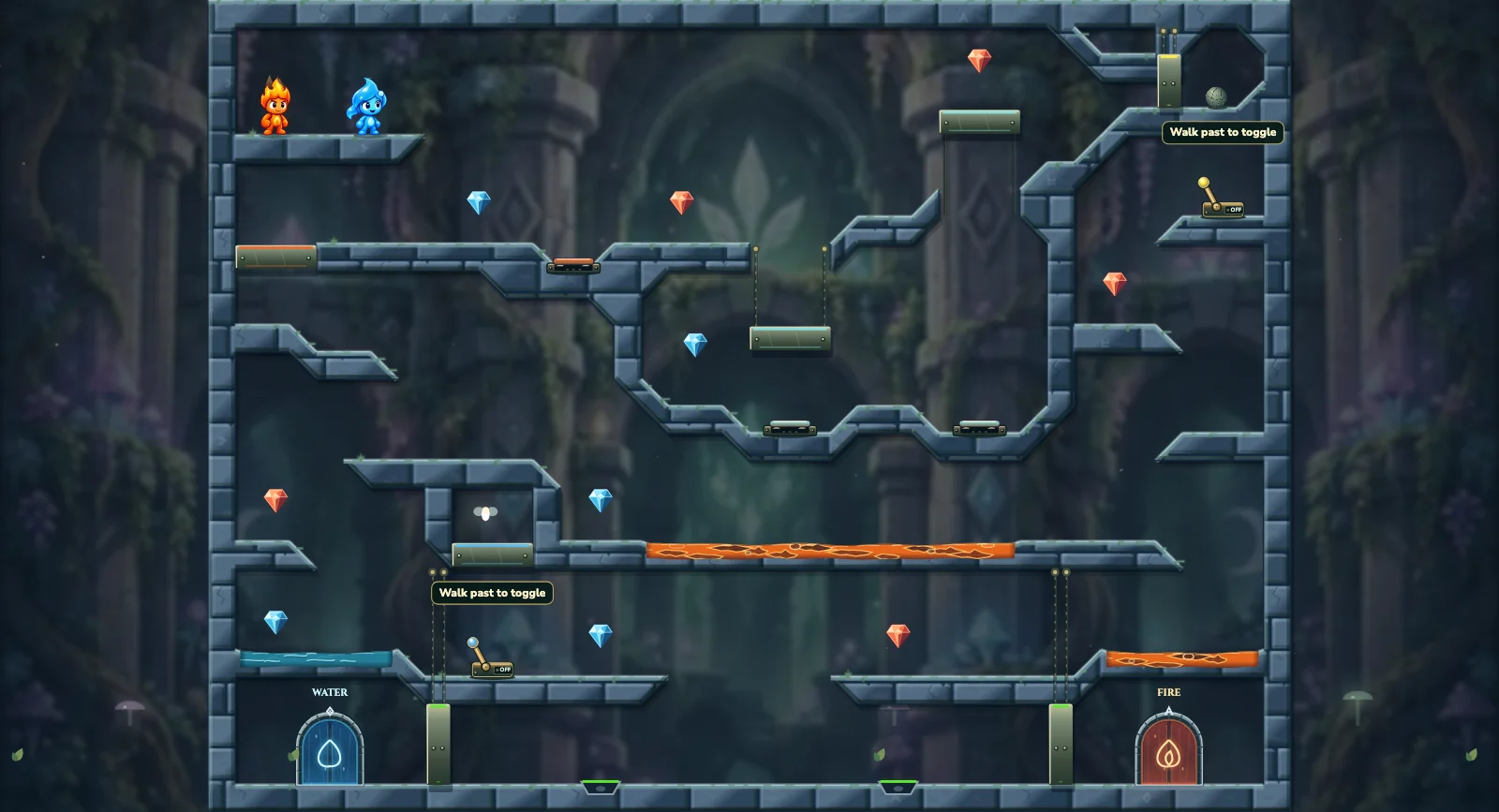 The Rolling Lamp Relay, fairy level 11: actual game view with Fireboy, Watergirl, diamonds, elemental pools, matching exits, and this level’s mechanisms.
