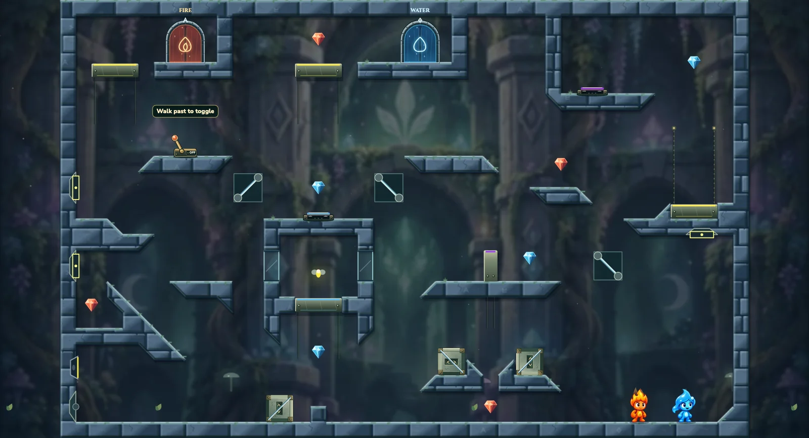 The Mirror and Fairy Vault, fairy level 12: actual game view with Fireboy, Watergirl, diamonds, elemental pools, matching exits, and this level’s mechanisms.