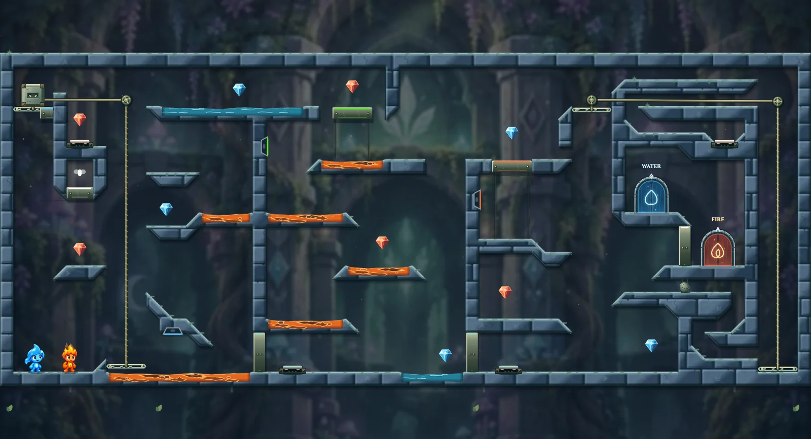 The Fairy Counterweights, fairy level 13: actual game view with Fireboy, Watergirl, diamonds, elemental pools, matching exits, and this level’s mechanisms.