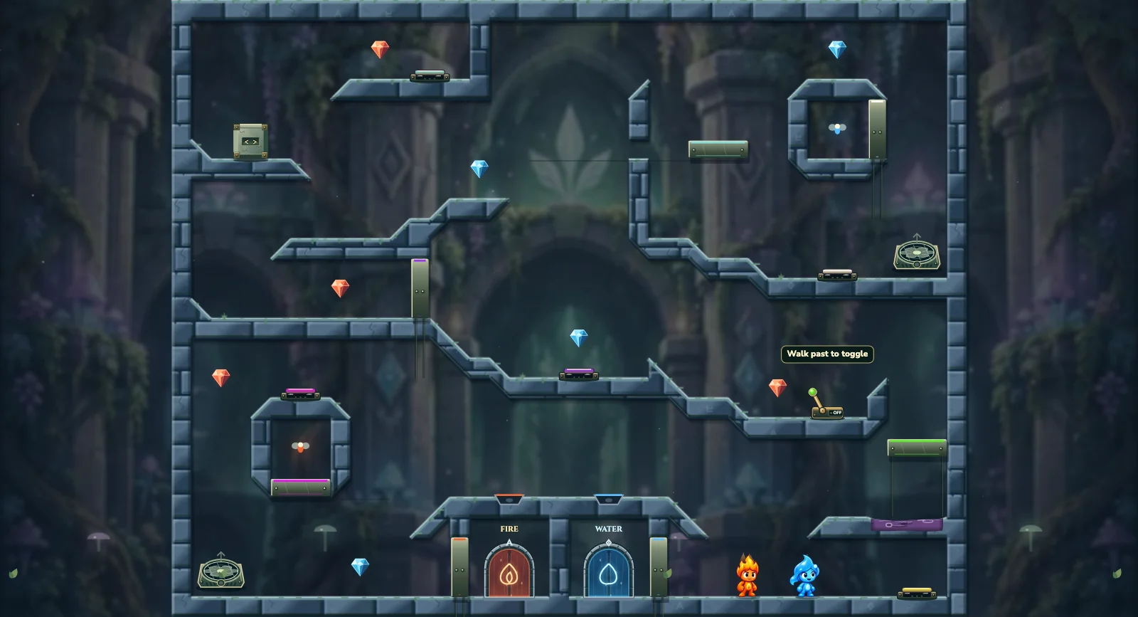 The Two Fairy Towers, fairy level 14: actual game view with Fireboy, Watergirl, diamonds, elemental pools, matching exits, and this level’s mechanisms.