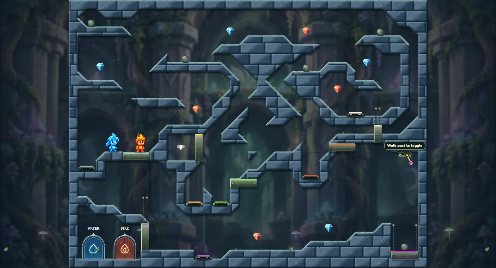 The Weight Room, fairy level 15: actual game view with Fireboy, Watergirl, diamonds, elemental pools, matching exits, and this level’s mechanisms.