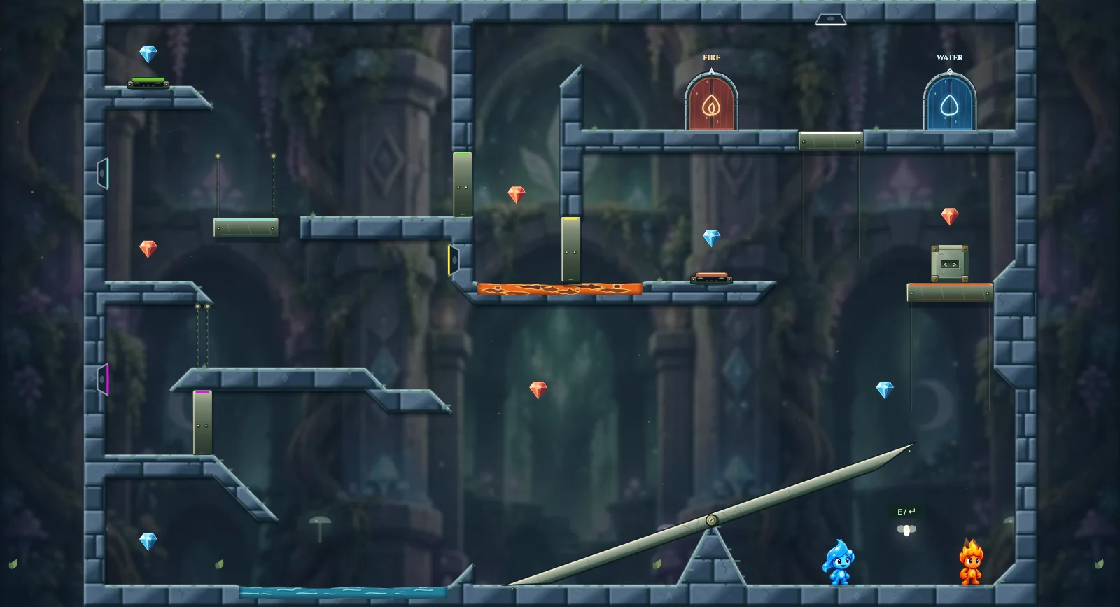 The Balanced Fairy Crossing, fairy level 16: actual game view with Fireboy, Watergirl, diamonds, elemental pools, matching exits, and this level’s mechanisms.