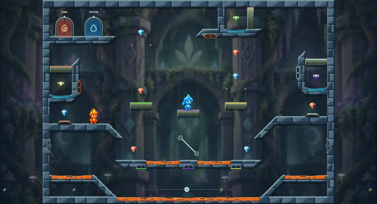 The Two Colour Light Circuit, fairy level 17: actual game view with Fireboy, Watergirl, diamonds, elemental pools, matching exits, and this level’s mechanisms.