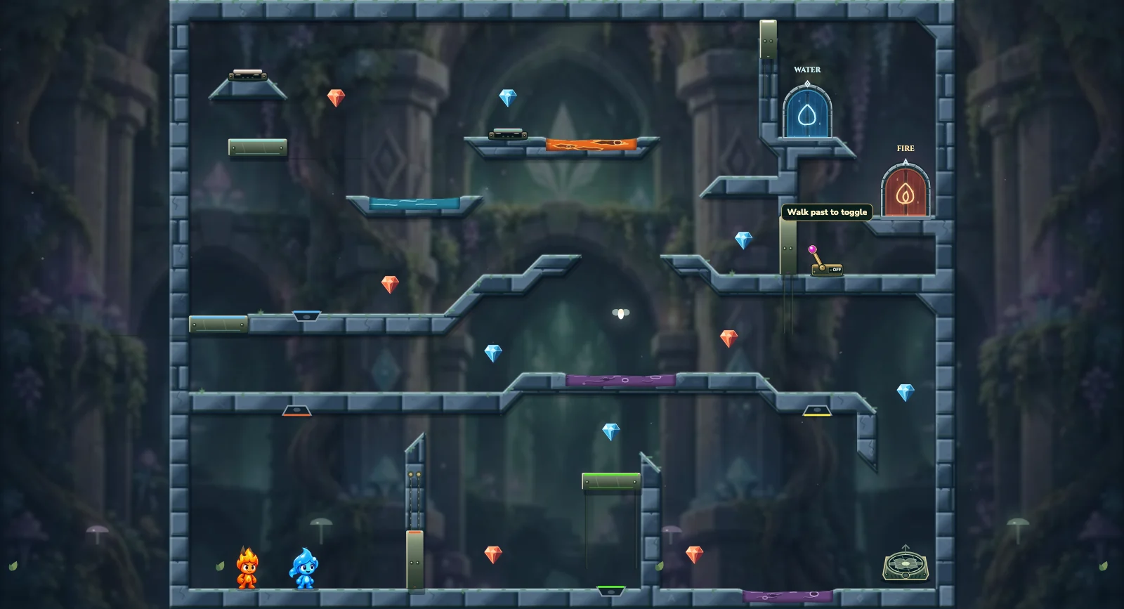 The Wind and Lamp Relay, fairy level 18: actual game view with Fireboy, Watergirl, diamonds, elemental pools, matching exits, and this level’s mechanisms.