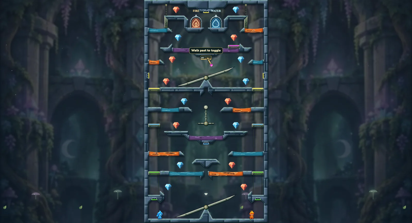 The Deep Fairy Descent, fairy level 19: actual game view with Fireboy, Watergirl, diamonds, elemental pools, matching exits, and this level’s mechanisms.