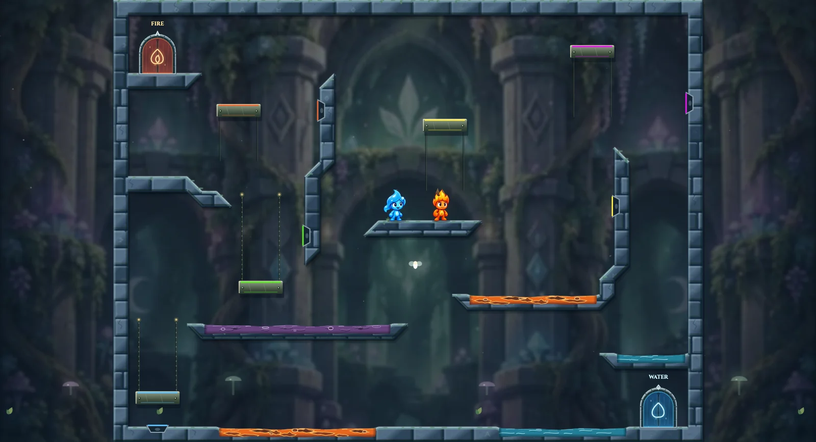 The Crossed Fairy Gates, fairy level 20: actual game view with Fireboy, Watergirl, diamonds, elemental pools, matching exits, and this level’s mechanisms.