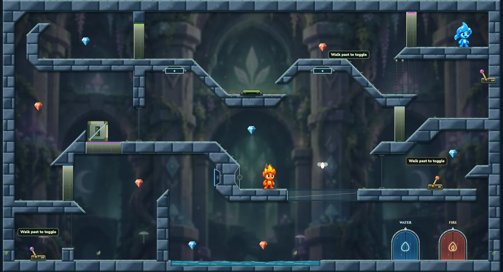 The Portal Light Passage, fairy level 21: actual game view with Fireboy, Watergirl, diamonds, elemental pools, matching exits, and this level’s mechanisms.