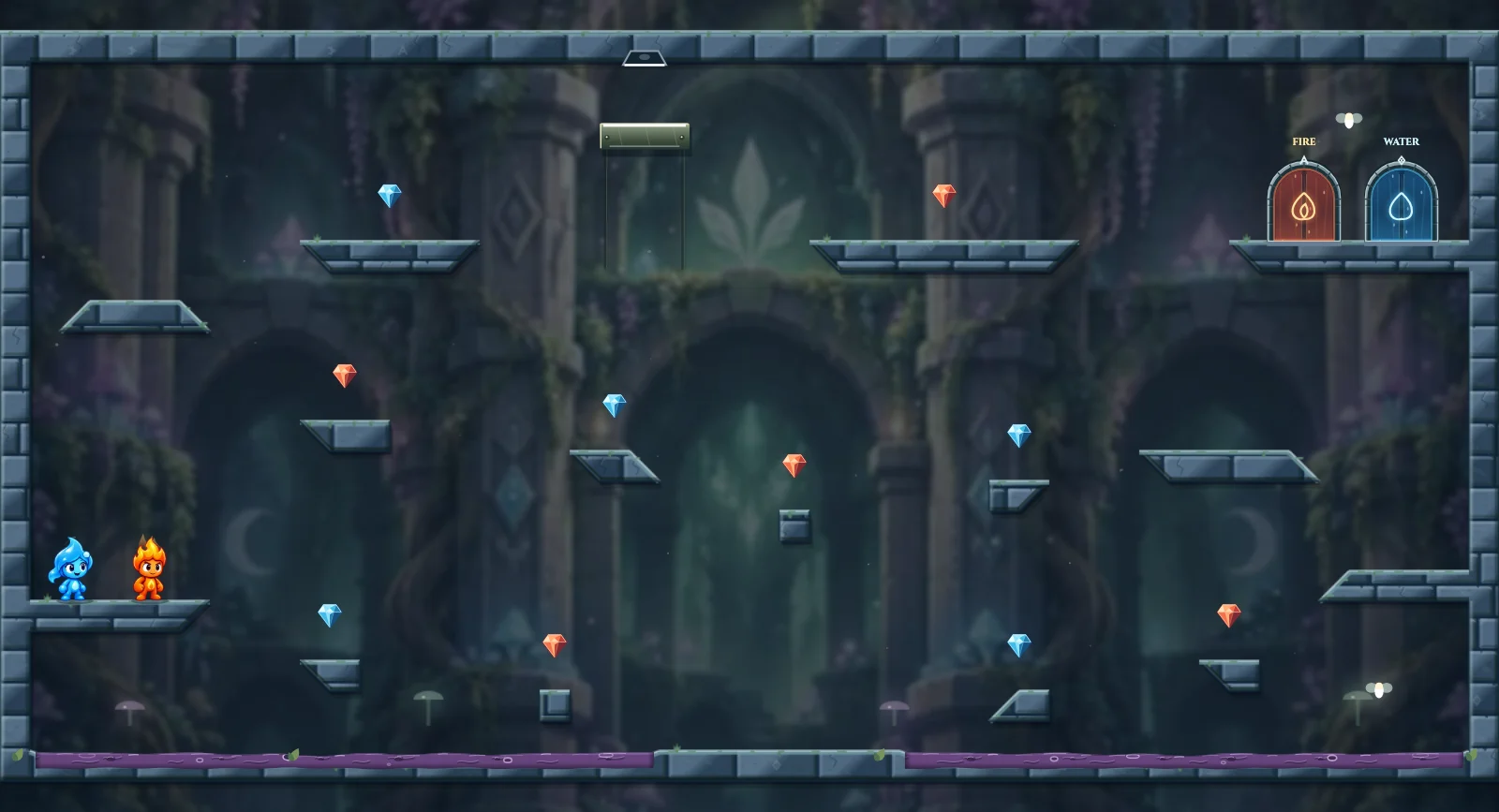 The Poison Passage, fairy level 22: actual game view with Fireboy, Watergirl, diamonds, elemental pools, matching exits, and this level’s mechanisms.